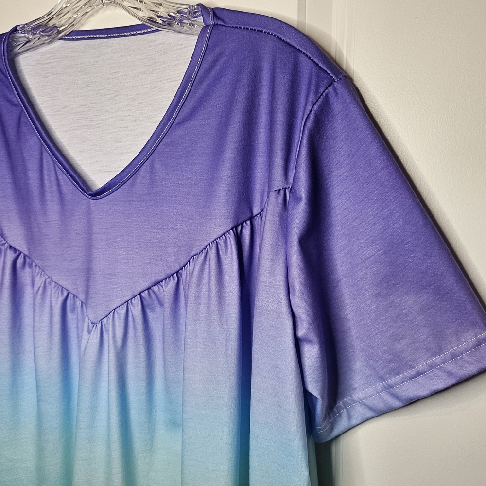 Women's Tunic Purple Blue Ombre V Neck Babydoll Top XL Flowing Summer Tee Sheen - Picture 4 of 8